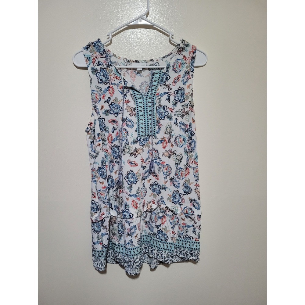 J. Jill Sleeveless Blouse Womens Medium White Blue Floral Paisley Boho